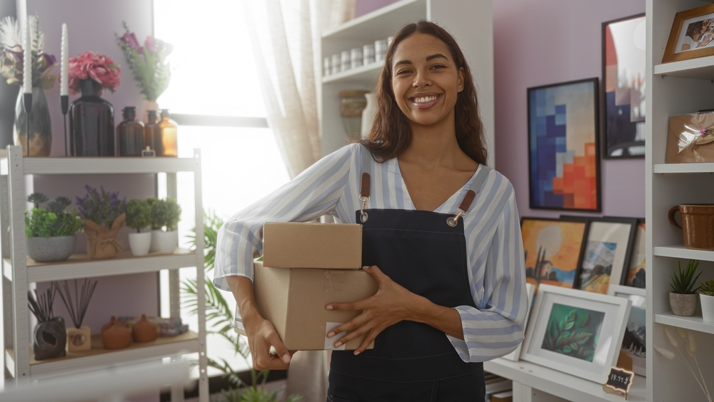 Young woman holding boxes in a beautifully decorated framing store