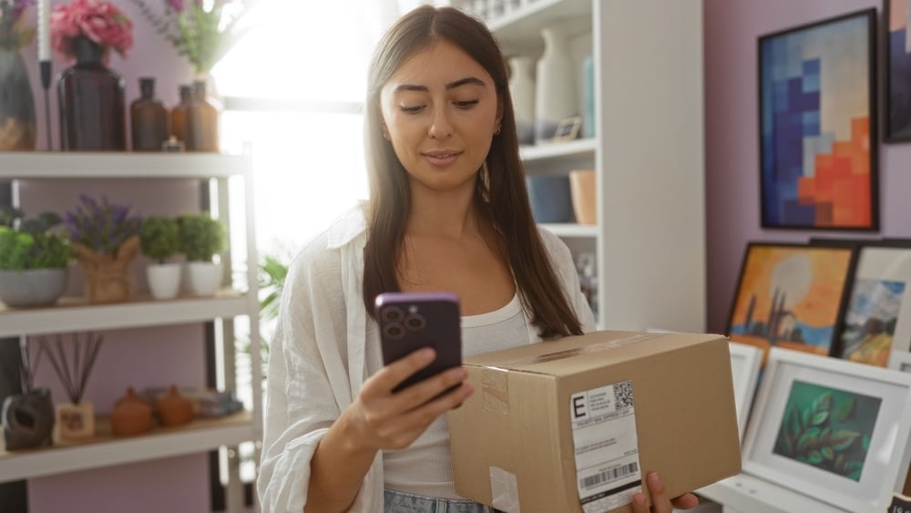 woman looking at phone holding package in frame store